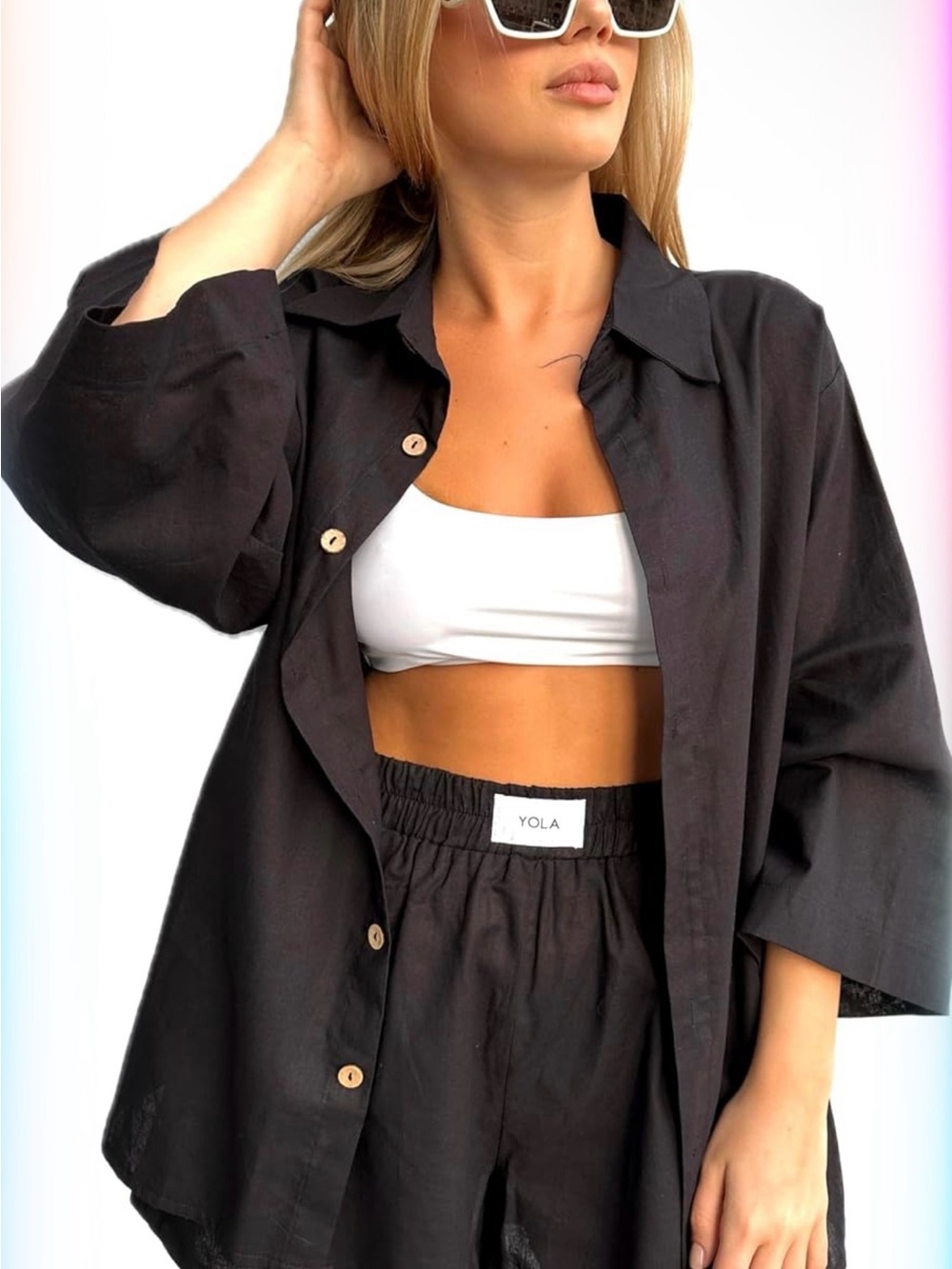 Black Linen Wooden Button-Down Shirt